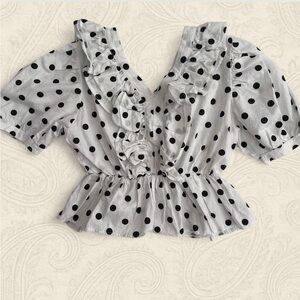 Polka Dot cotton Ruffle Blouse - Black and White size Medium